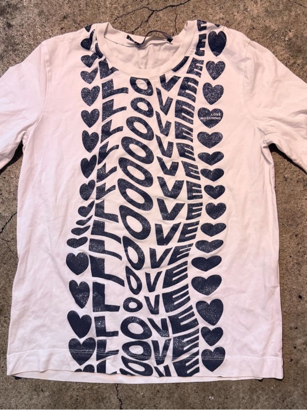 Love Moschino White Tee with Navy Glitter LOVE Print